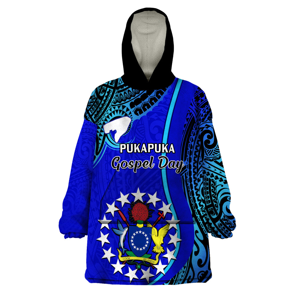 8 December Pukapuka Island Gospel Day Wearable Blanket Hoodie Cook Islands Tribal Pattern LT14 One Size Blue - Polynesian Pride