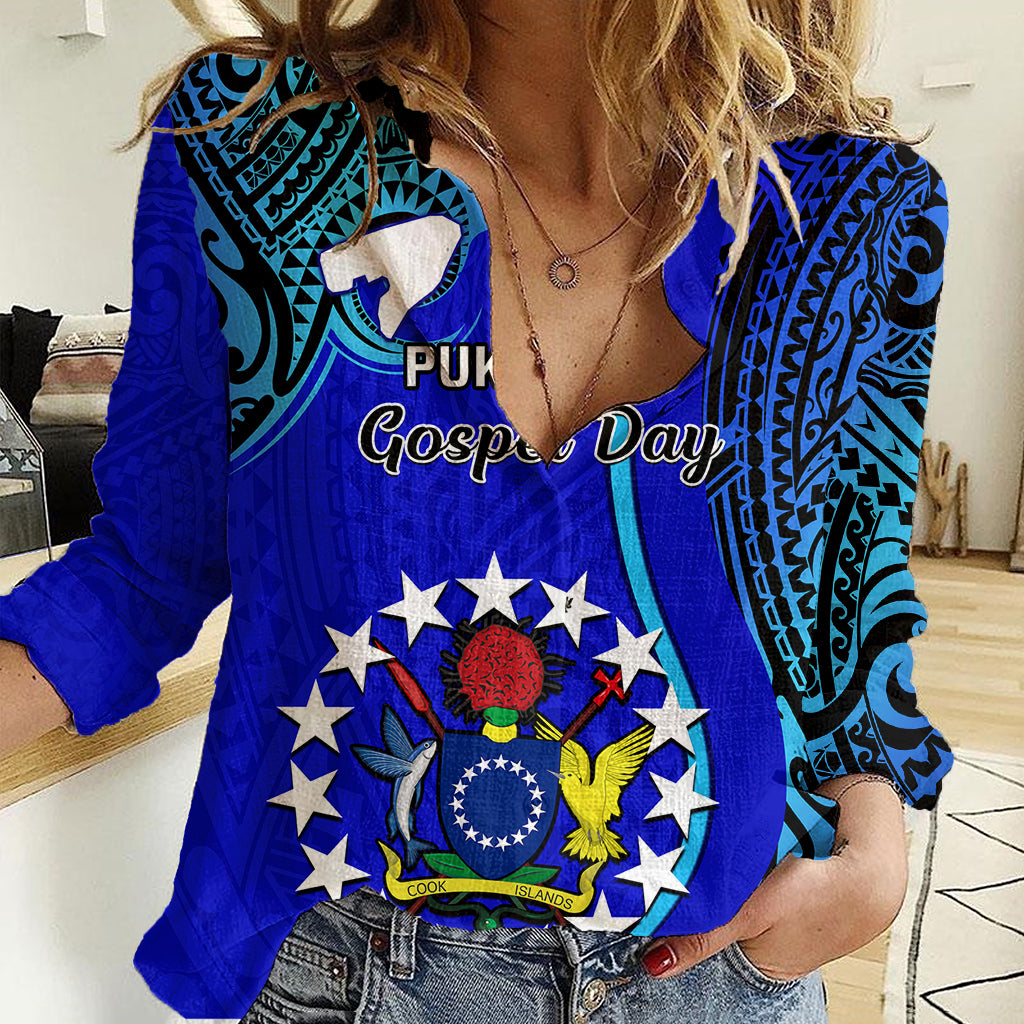 8 December Pukapuka Island Gospel Day Women Casual Shirt Cook Islands Tribal Pattern LT14 Female Blue - Polynesian Pride