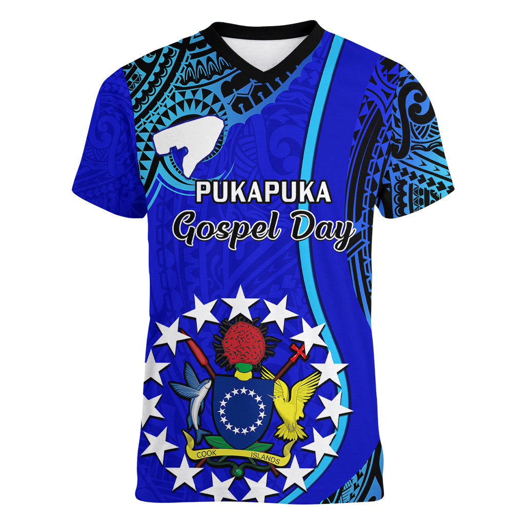 8 December Pukapuka Island Gospel Day Women V Neck T Shirt Cook Islands Tribal Pattern LT14 Female Blue - Polynesian Pride