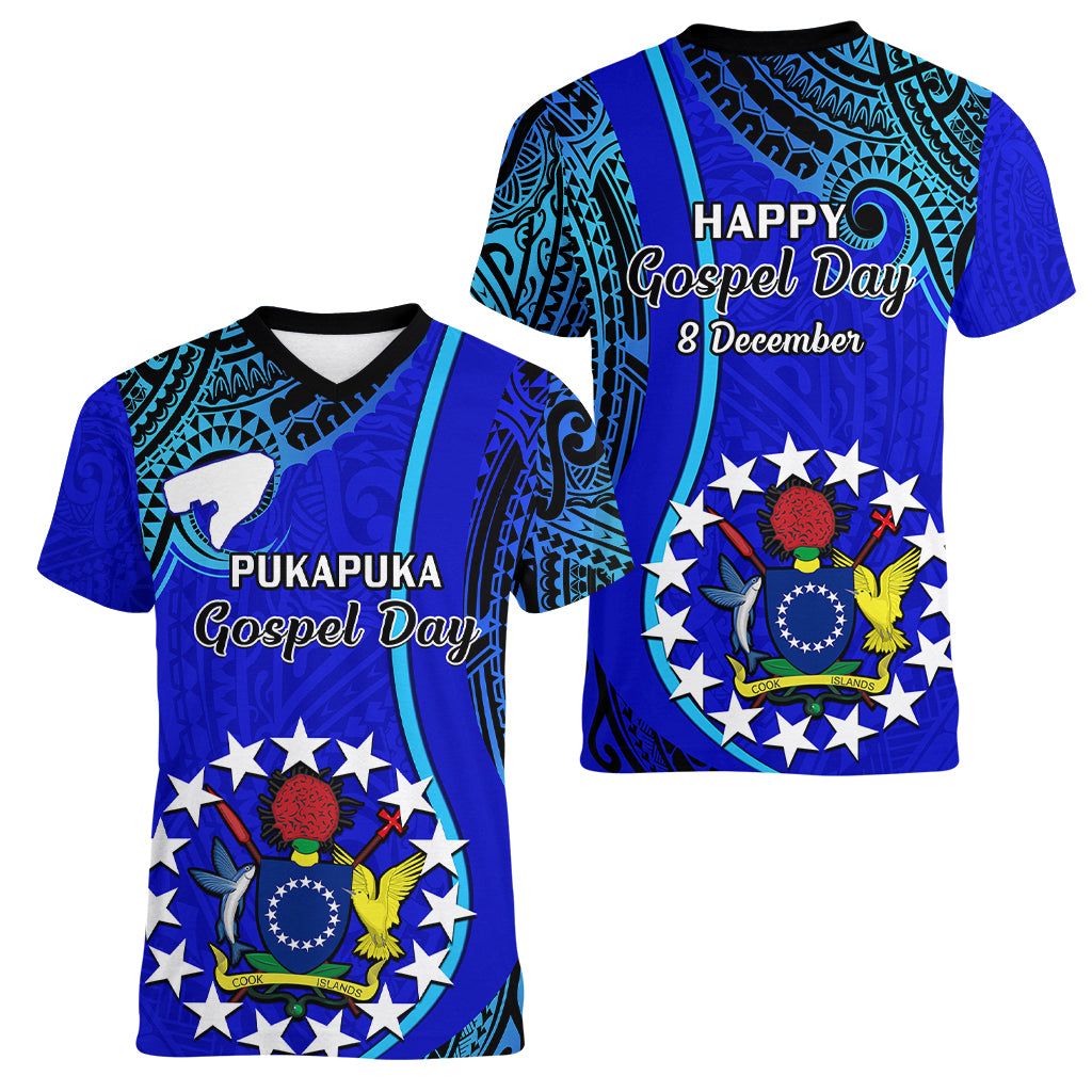 8 December Pukapuka Island Gospel Day Women V Neck T Shirt Cook Islands Tribal Pattern LT14 - Polynesian Pride
