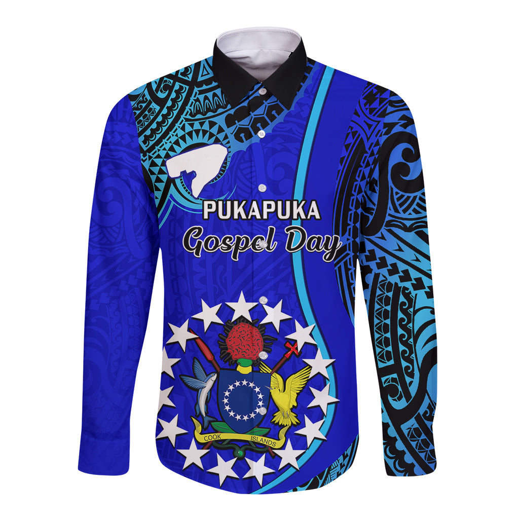 Personalised 8 December Pukapuka Island Gospel Day Long Sleeve Button Shirt Cook Islands Tribal Pattern LT14 Unisex Blue - Polynesian Pride