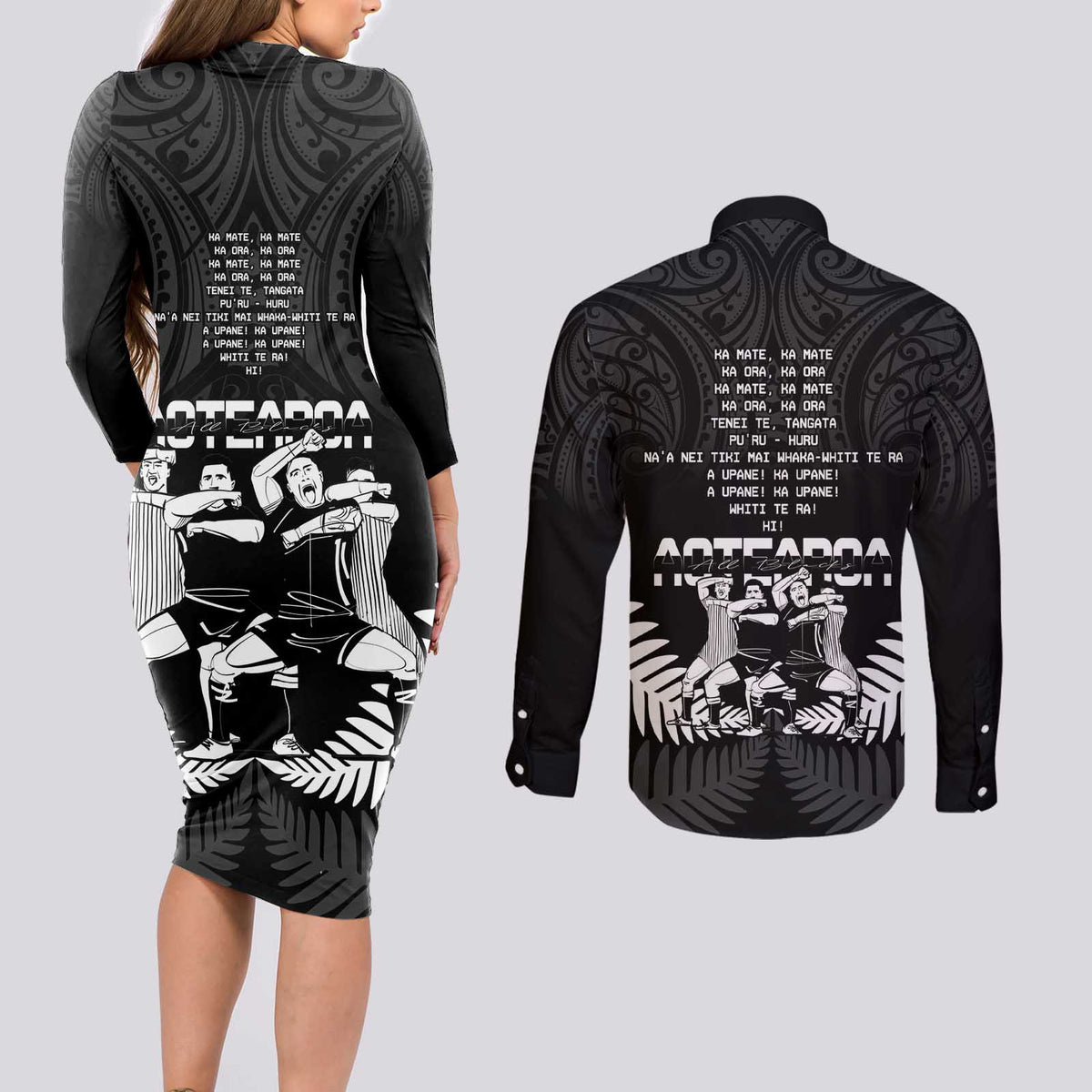 New Zealand Silver Fern Rugby Couples Matching Long Sleeve Bodycon Dress and Long Sleeve Button Shirt Haka Dance With Aotearoa Maori Pattern