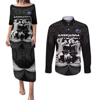 New Zealand Silver Fern Rugby Couples Matching Puletasi and Long Sleeve Button Shirt Haka Dance With Aotearoa Maori Pattern