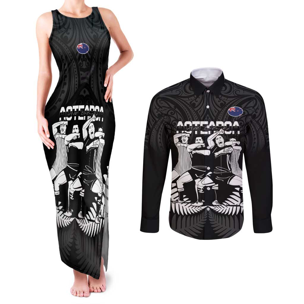 New Zealand Silver Fern Rugby Couples Matching Tank Maxi Dress and Long Sleeve Button Shirt Haka Dance With Aotearoa Maori Pattern