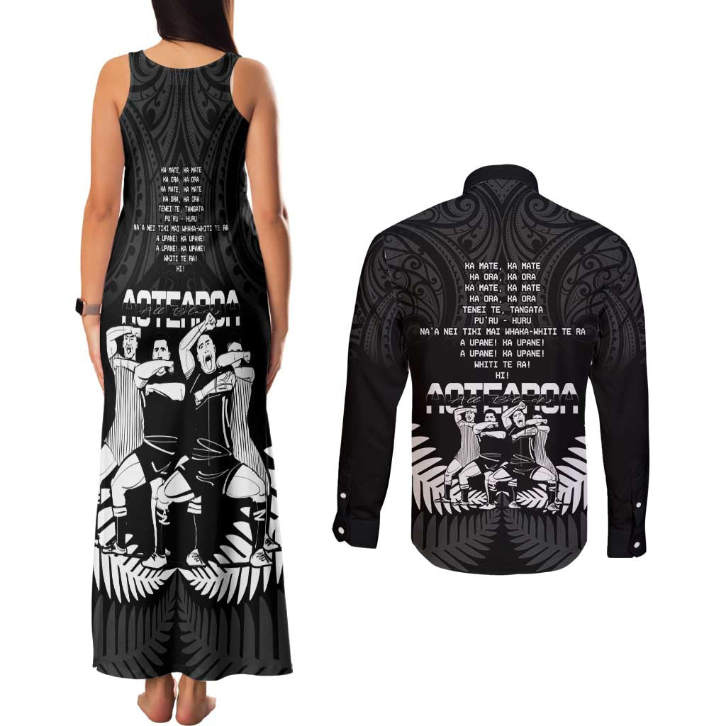 New Zealand Silver Fern Rugby Couples Matching Tank Maxi Dress and Long Sleeve Button Shirt Haka Dance With Aotearoa Maori Pattern