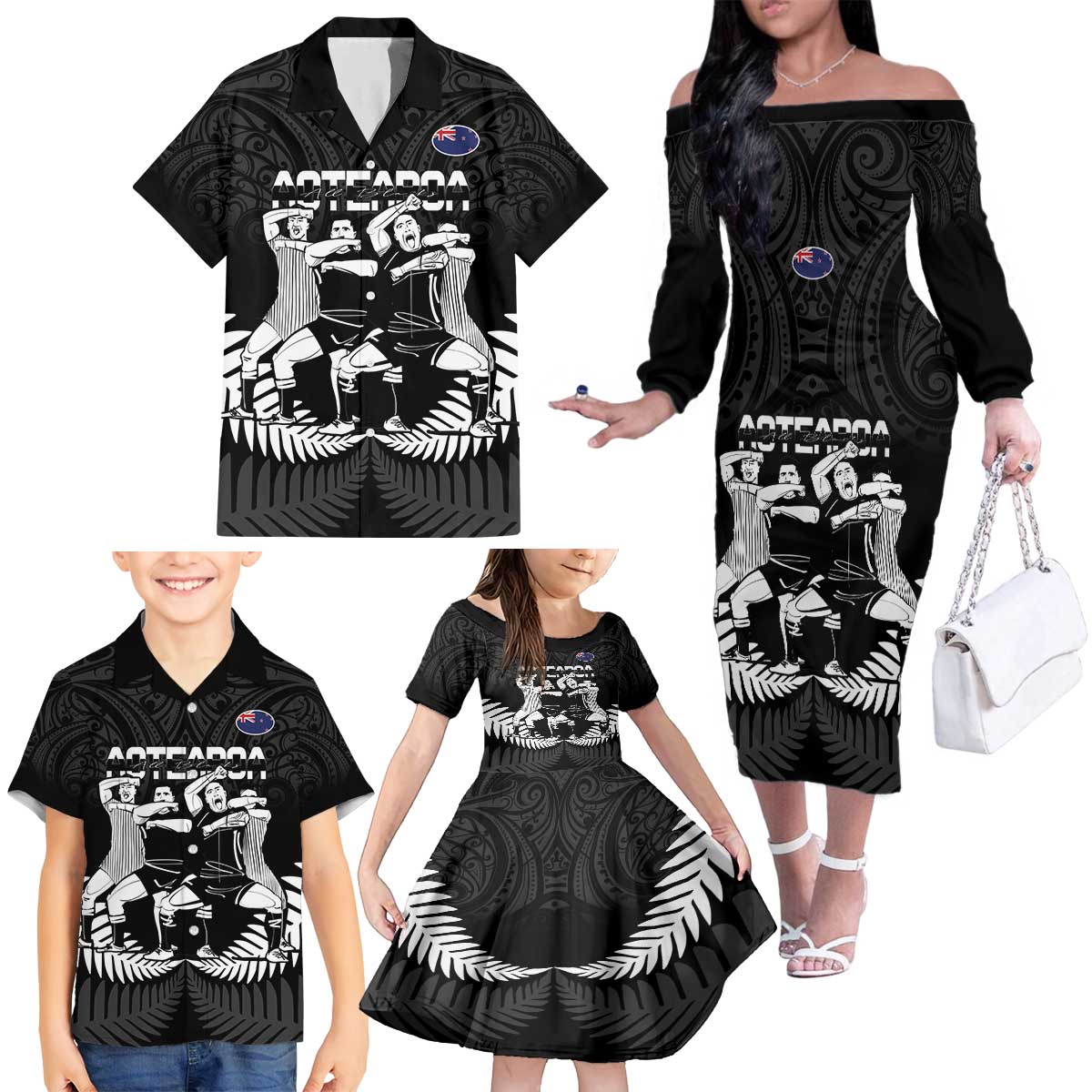 New Zealand Silver Fern Rugby Family Matching Off The Shoulder Long Sleeve Dress and Hawaiian Shirt Haka Dance With Aotearoa Maori Pattern