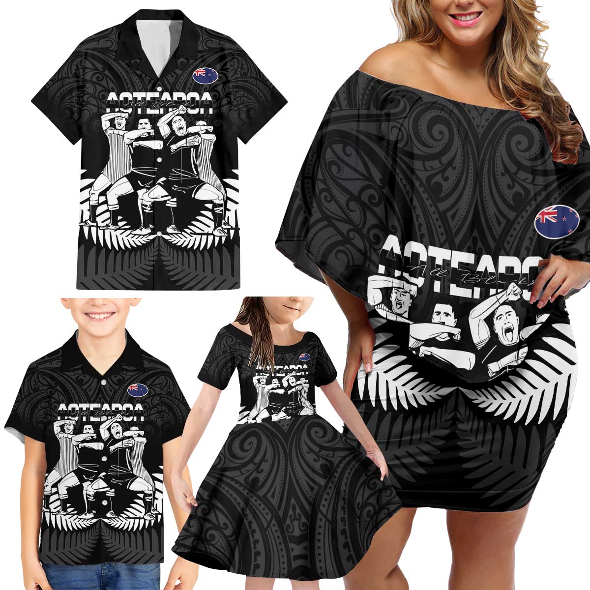 New Zealand Silver Fern Rugby Family Matching Off Shoulder Short Dress and Hawaiian Shirt Haka Dance With Aotearoa Maori Pattern