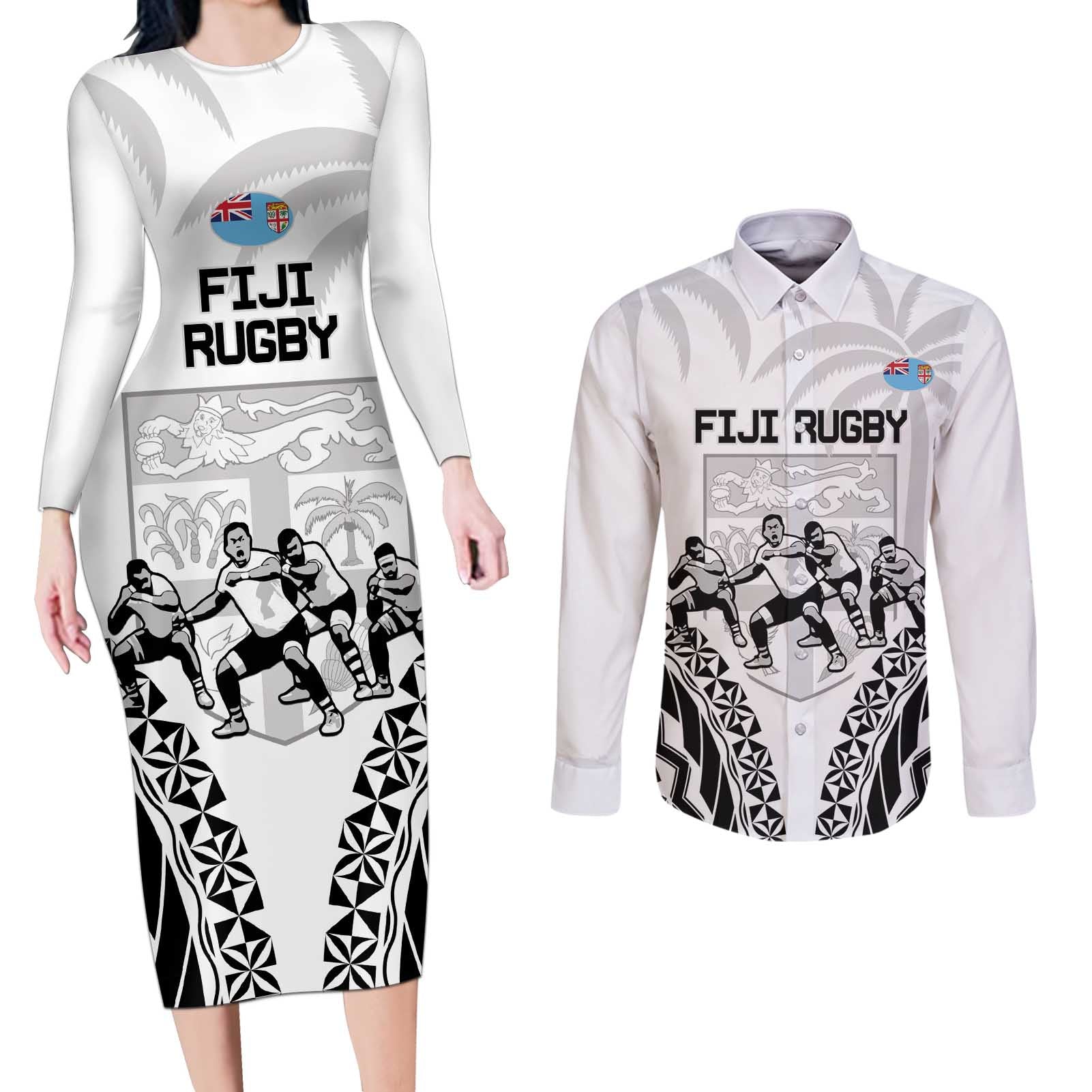 Fiji Tapa Rugby Couples Matching Long Sleeve Bodycon Dress and Long Sleeve Button Shirt Cibi Dance With Fijian Pattern