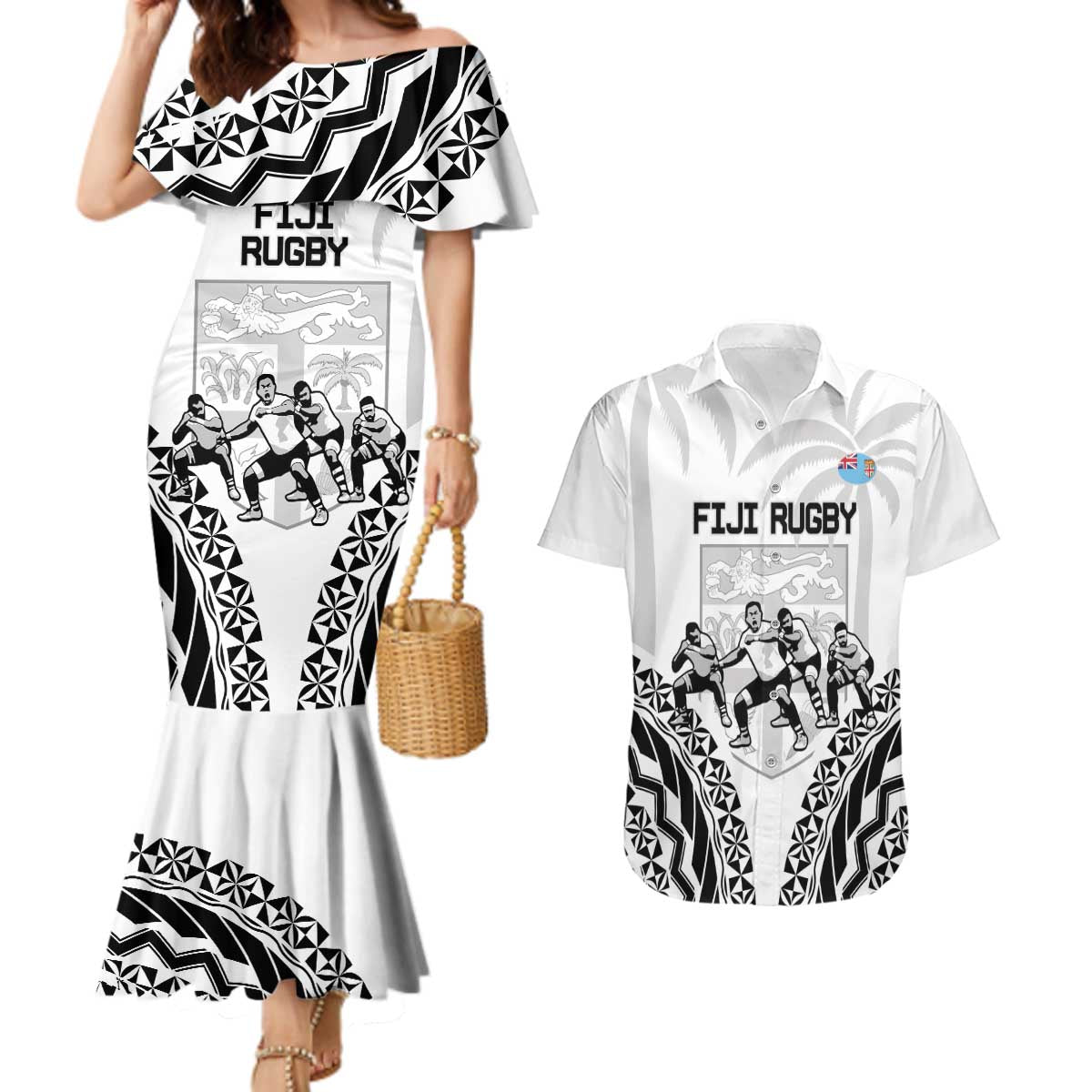 Fiji Tapa Rugby Couples Matching Mermaid Dress and Hawaiian Shirt Cibi Dance With Fijian Pattern