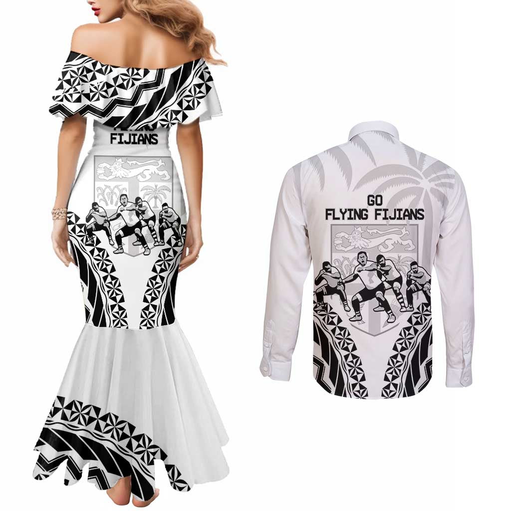 Fiji Tapa Rugby Couples Matching Mermaid Dress and Long Sleeve Button Shirt Cibi Dance With Fijian Pattern