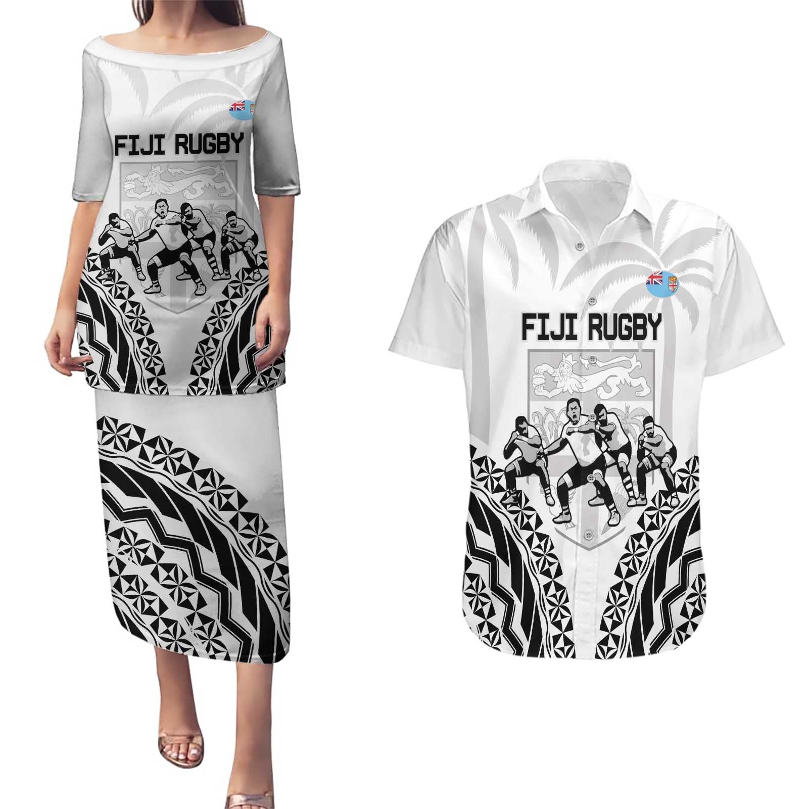 Fiji Tapa Rugby Couples Matching Puletasi and Hawaiian Shirt Cibi Dance With Fijian Pattern