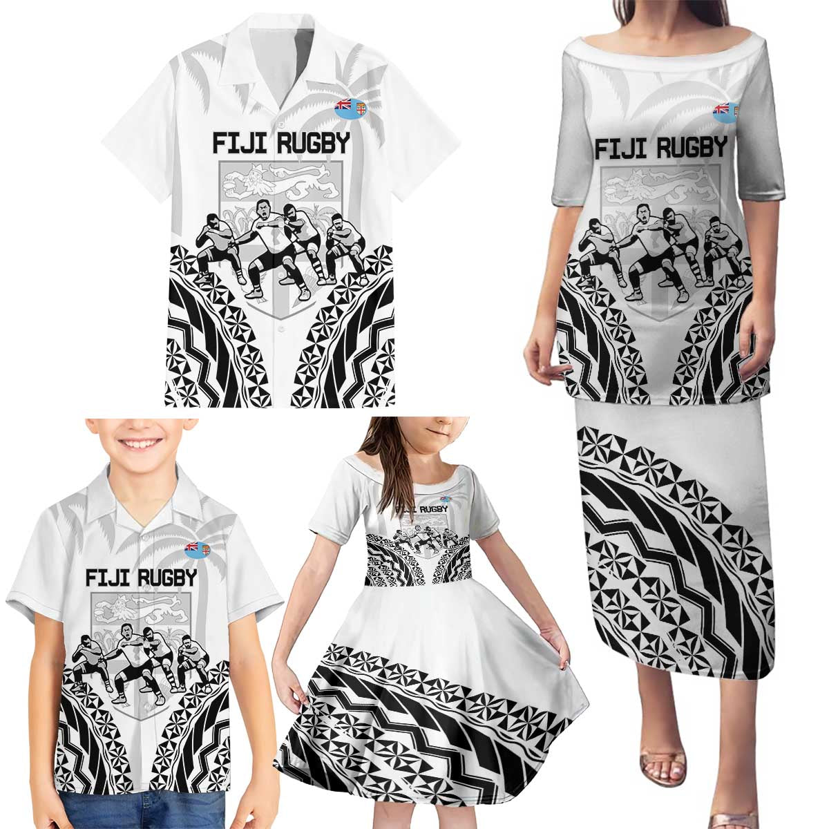 Fiji Tapa Rugby Family Matching Puletasi and Hawaiian Shirt Cibi Dance With Fijian Pattern