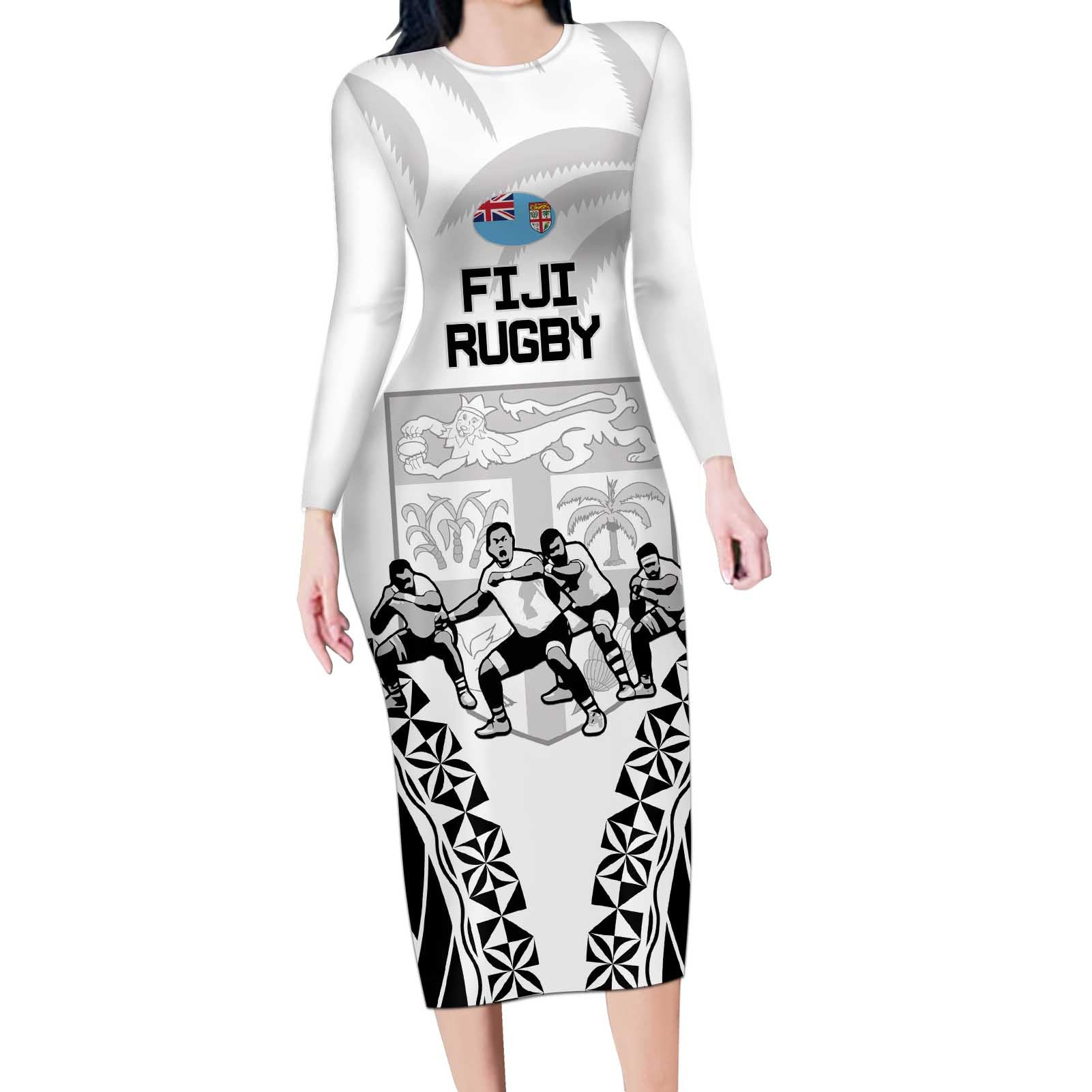 Fiji Tapa Rugby Long Sleeve Bodycon Dress Cibi Dance With Fijian Pattern