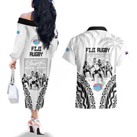 New Zealand And Fiji Tapa Rugby Couples Matching Off The Shoulder Long Sleeve Dress and Hawaiian Shirt Haka Dance Mix Cibi Dance Together