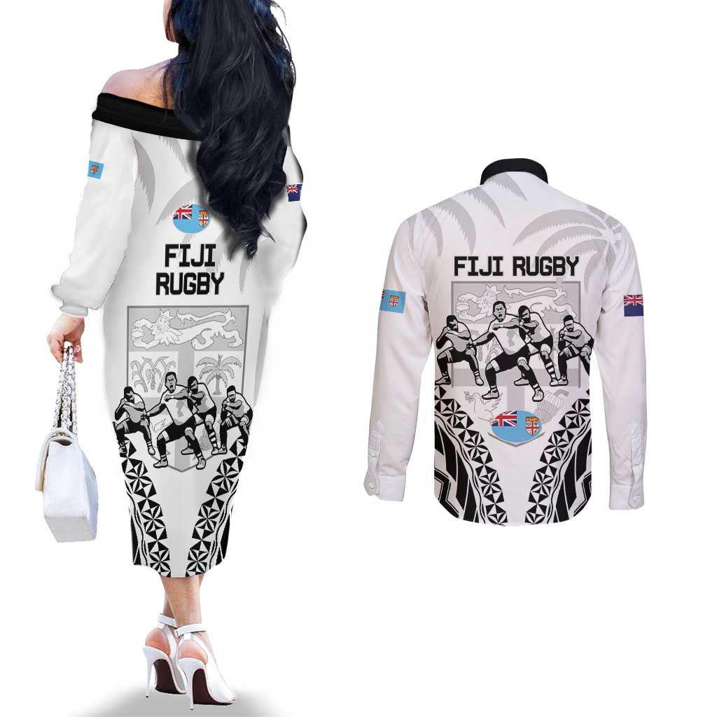 New Zealand And Fiji Tapa Rugby Couples Matching Off The Shoulder Long Sleeve Dress and Long Sleeve Button Shirt Haka Dance Mix Cibi Dance Together