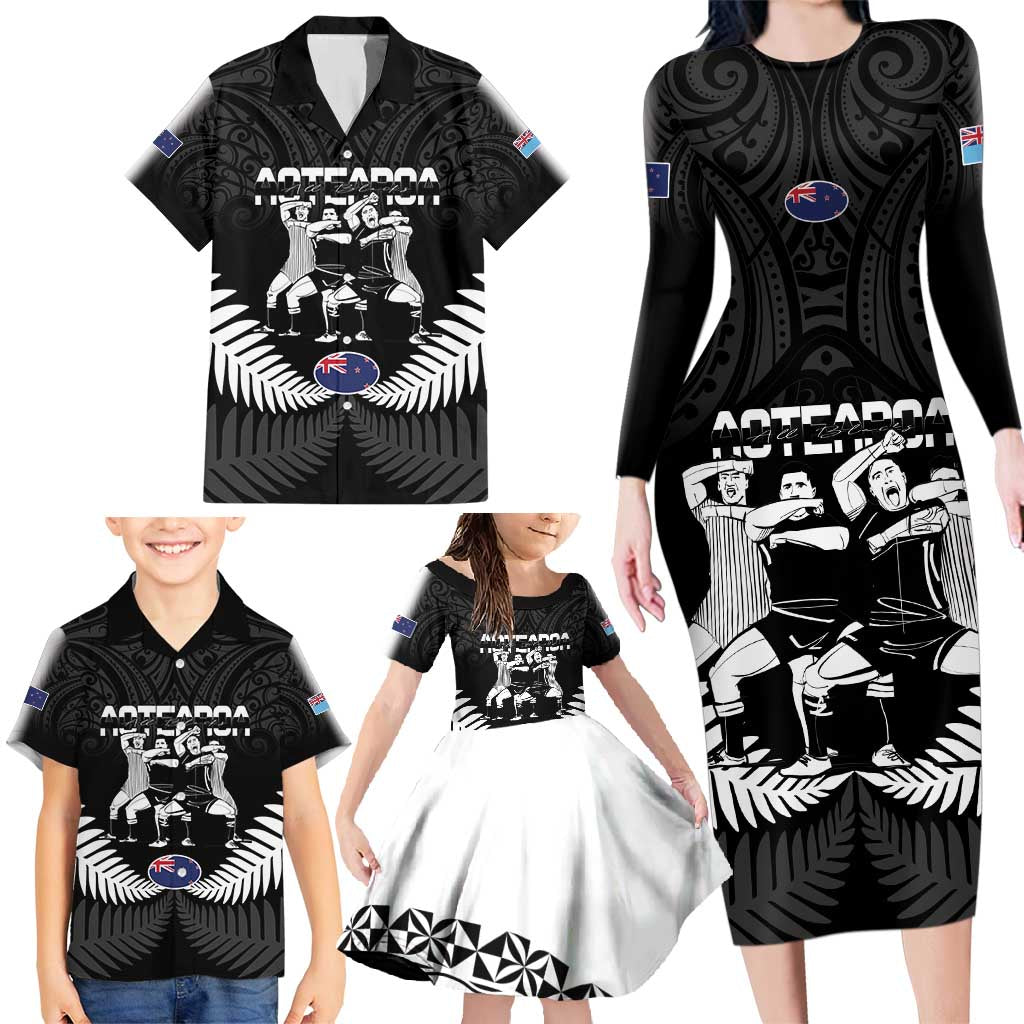 New Zealand And Fiji Tapa Rugby Family Matching Long Sleeve Bodycon Dress and Hawaiian Shirt Haka Dance Mix Cibi Dance Together