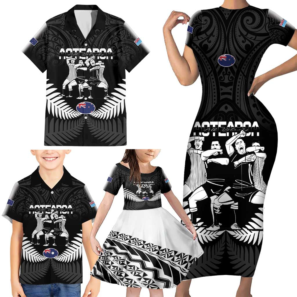 New Zealand And Fiji Tapa Rugby Family Matching Short Sleeve Bodycon Dress and Hawaiian Shirt Haka Dance Mix Cibi Dance Together