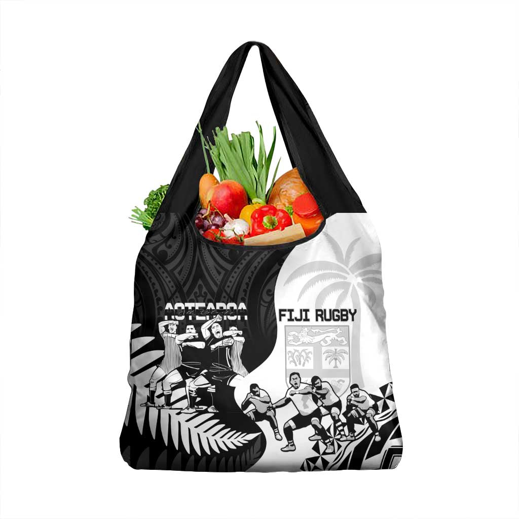 New Zealand And Fiji Tapa Rugby Grocery Bag Haka Dance Mix Cibi Dance Together