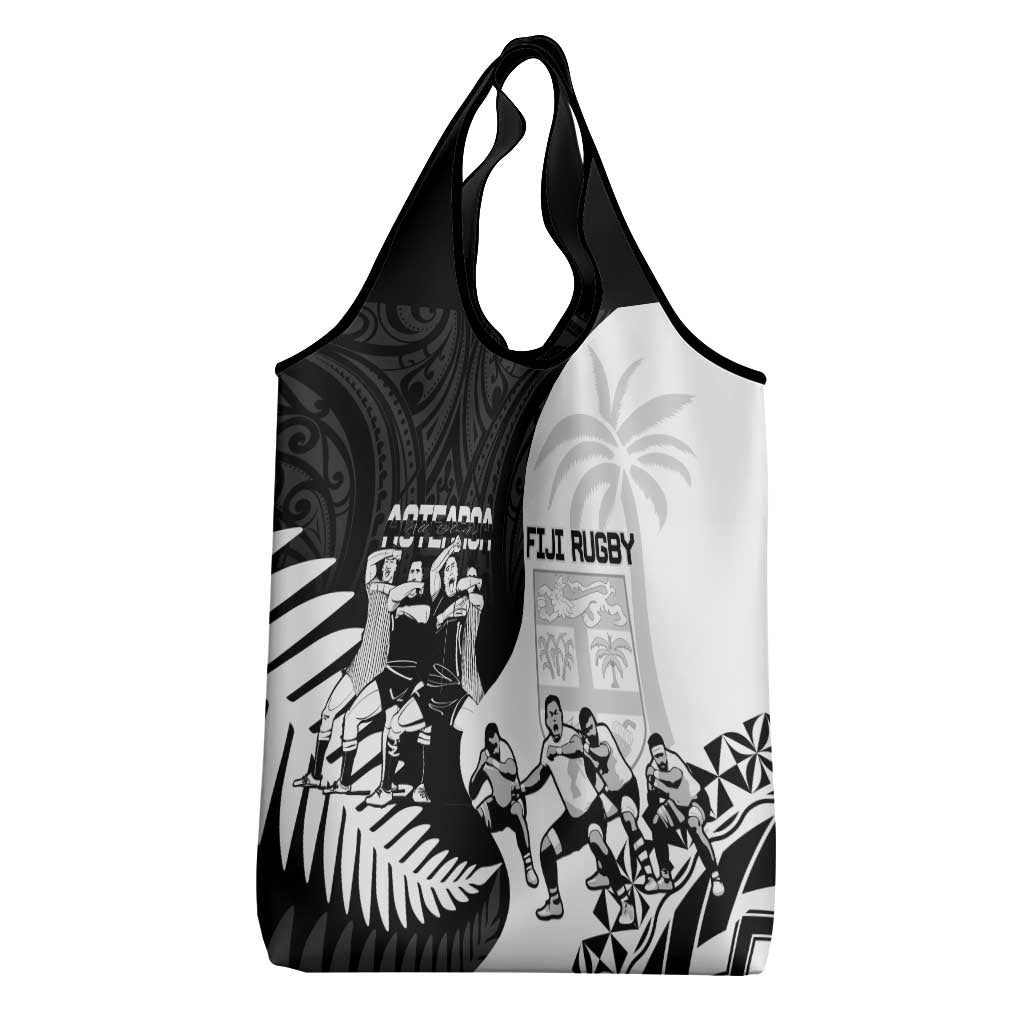 New Zealand And Fiji Tapa Rugby Grocery Bag Haka Dance Mix Cibi Dance Together