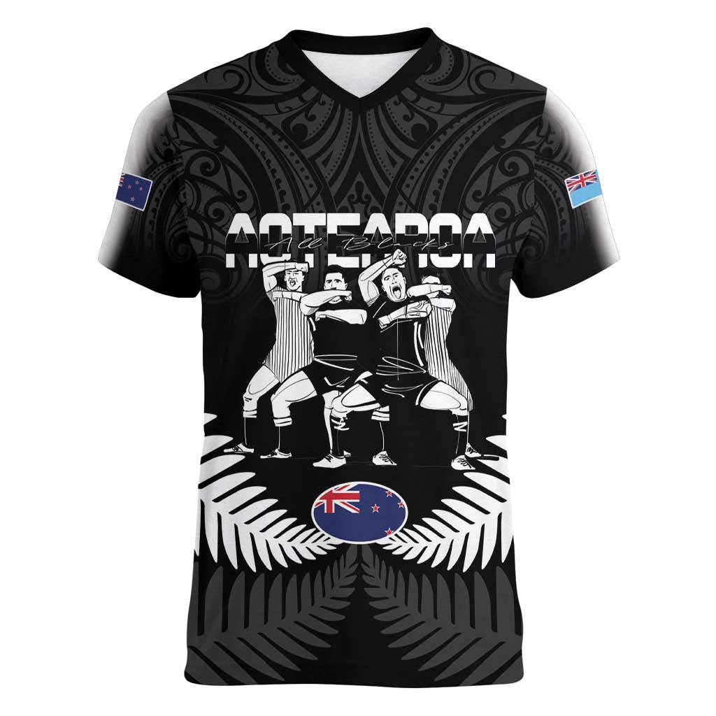 New Zealand And Fiji Tapa Rugby Women V-Neck T-Shirt Haka Dance Mix Cibi Dance Together