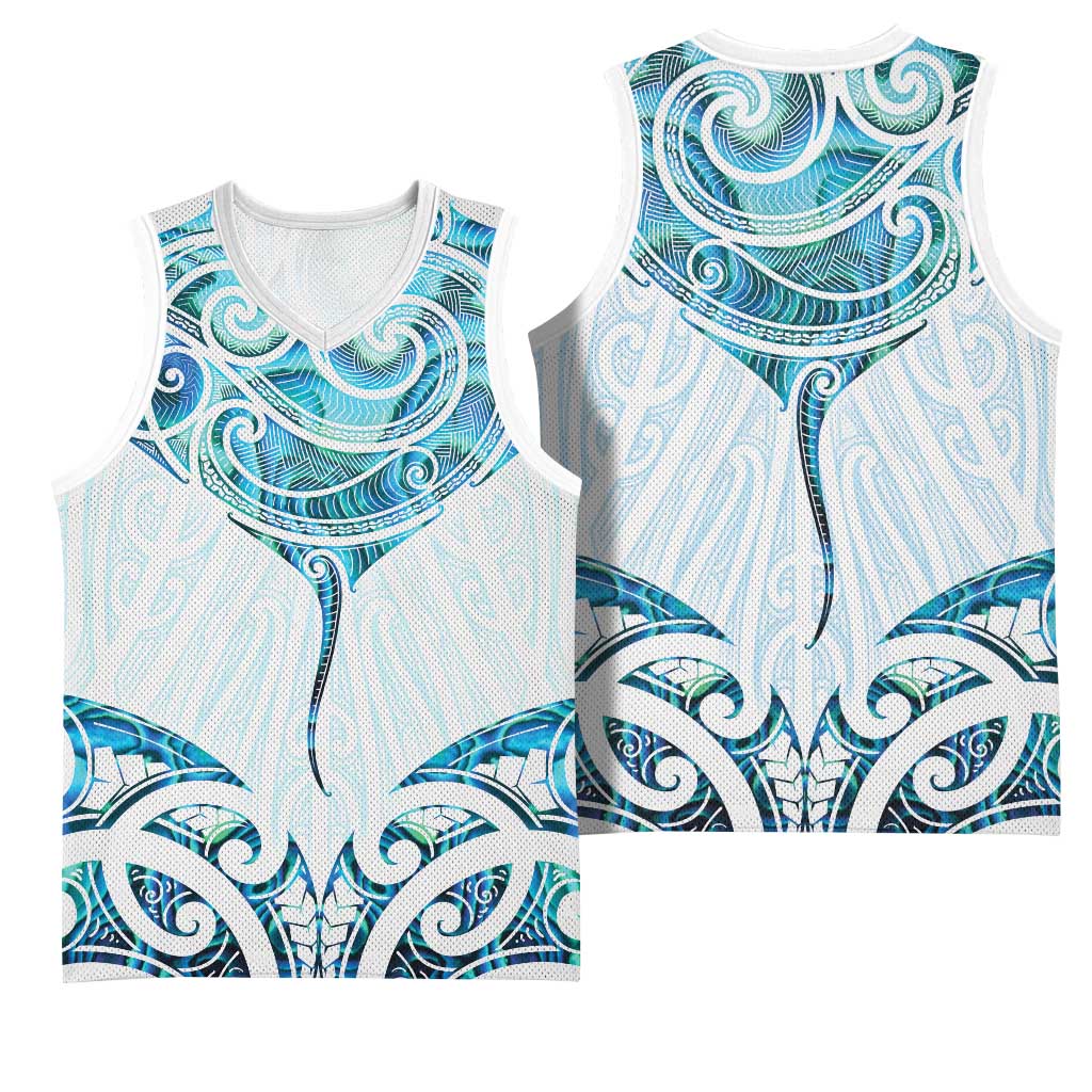 New Zealand Manta Ray Tattoo Basketball Jersey Aotearoa Maori Haehae Paua Shell - Polynesian Pride