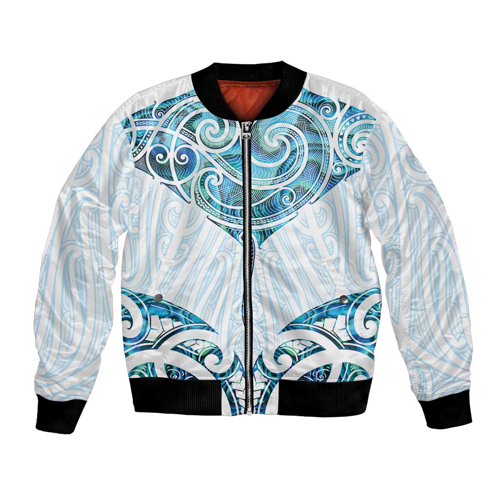 New Zealand Manta Ray Tattoo Bomber Jacket Aotearoa Maori Haehae Paua Shell - Polynesian Pride