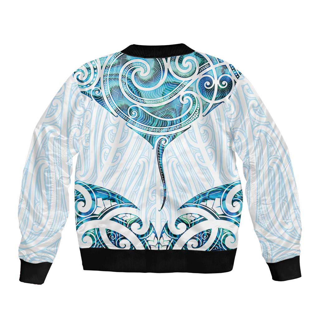 New Zealand Manta Ray Tattoo Bomber Jacket Aotearoa Maori Haehae Paua Shell - Polynesian Pride