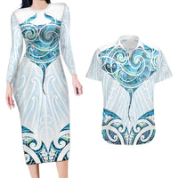 New Zealand Manta Ray Tattoo Couples Matching Long Sleeve Bodycon Dress and Hawaiian Shirt Aotearoa Maori Haehae Paua Shell - Polynesian Pride