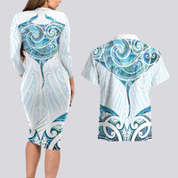 New Zealand Manta Ray Tattoo Couples Matching Long Sleeve Bodycon Dress and Hawaiian Shirt Aotearoa Maori Haehae Paua Shell - Polynesian Pride