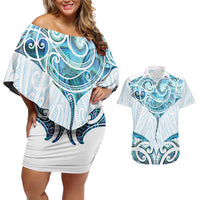 New Zealand Manta Ray Tattoo Couples Matching Off Shoulder Short Dress and Hawaiian Shirt Aotearoa Maori Haehae Paua Shell - Polynesian Pride