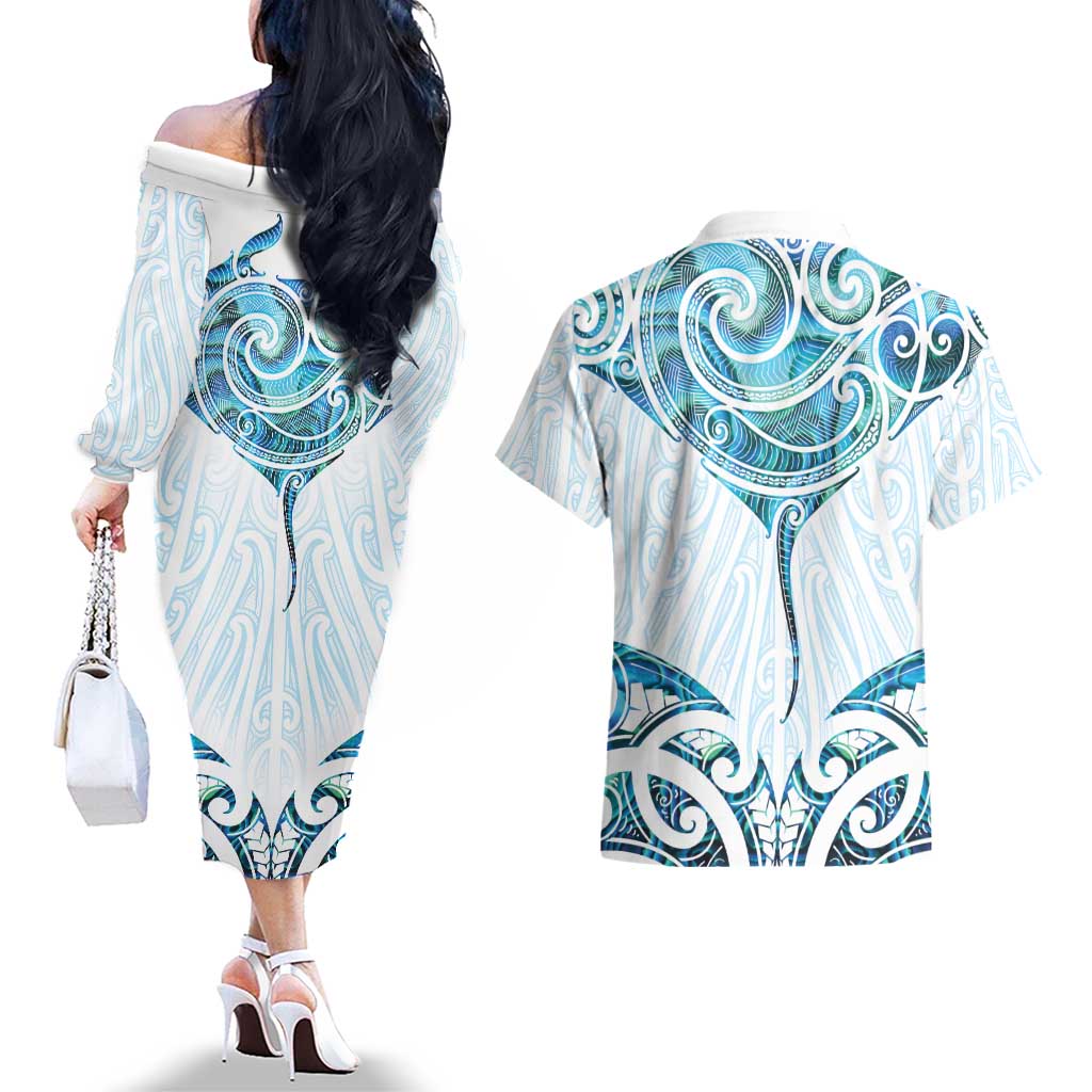 New Zealand Manta Ray Tattoo Couples Matching Off The Shoulder Long Sleeve Dress and Hawaiian Shirt Aotearoa Maori Haehae Paua Shell - Polynesian Pride