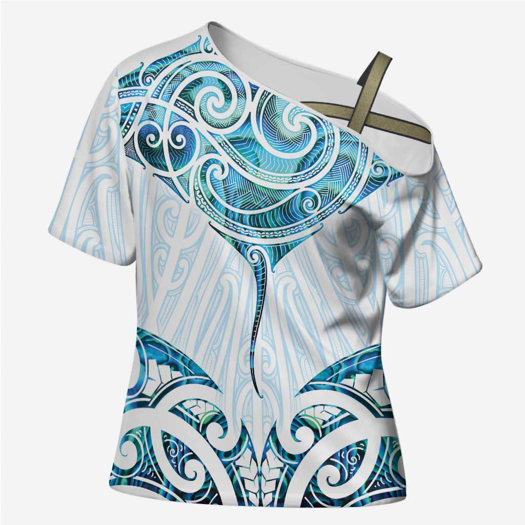 New Zealand Manta Ray Tattoo Cross Shoulder Shirt Aotearoa Maori Haehae Paua Shell - Polynesian Pride