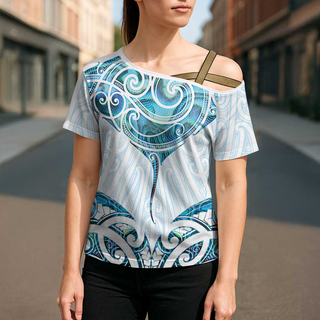 New Zealand Manta Ray Tattoo Cross Shoulder Shirt Aotearoa Maori Haehae Paua Shell - Polynesian Pride
