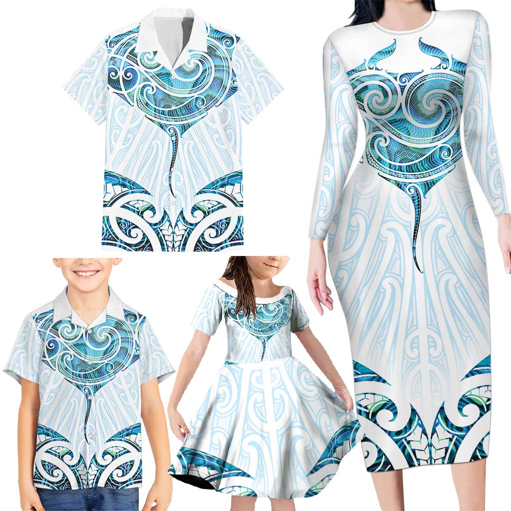 New Zealand Manta Ray Tattoo Family Matching Long Sleeve Bodycon Dress and Hawaiian Shirt Aotearoa Maori Haehae Paua Shell - Polynesian Pride