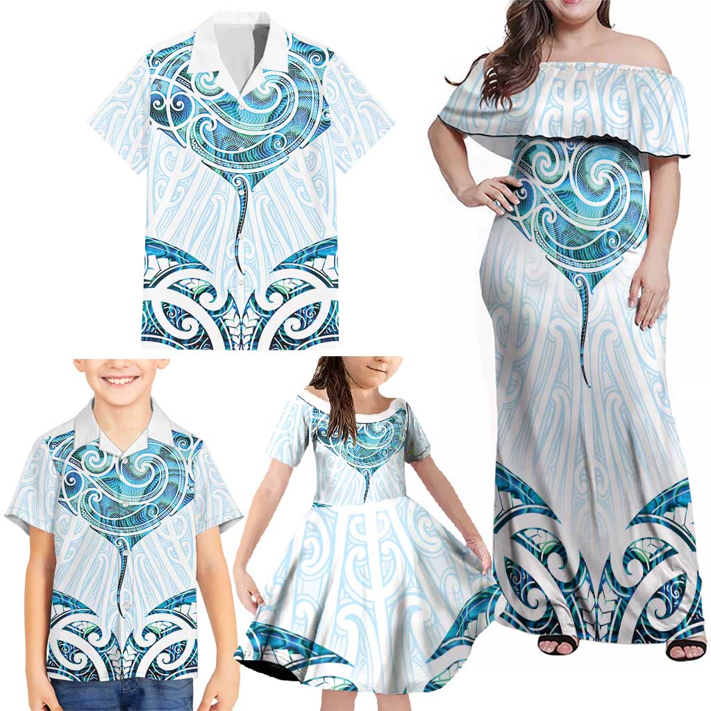 New Zealand Manta Ray Tattoo Family Matching Off Shoulder Maxi Dress and Hawaiian Shirt Aotearoa Maori Haehae Paua Shell - Polynesian Pride