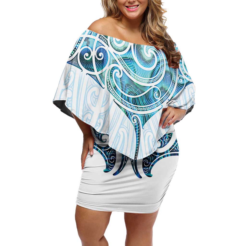 New Zealand Manta Ray Tattoo Family Matching Off Shoulder Short Dress and Hawaiian Shirt Aotearoa Maori Haehae Paua Shell - Polynesian Pride
