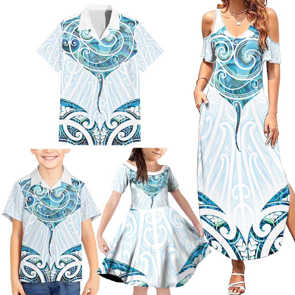 New Zealand Manta Ray Tattoo Family Matching Summer Maxi Dress and Hawaiian Shirt Aotearoa Maori Haehae Paua Shell - Polynesian Pride