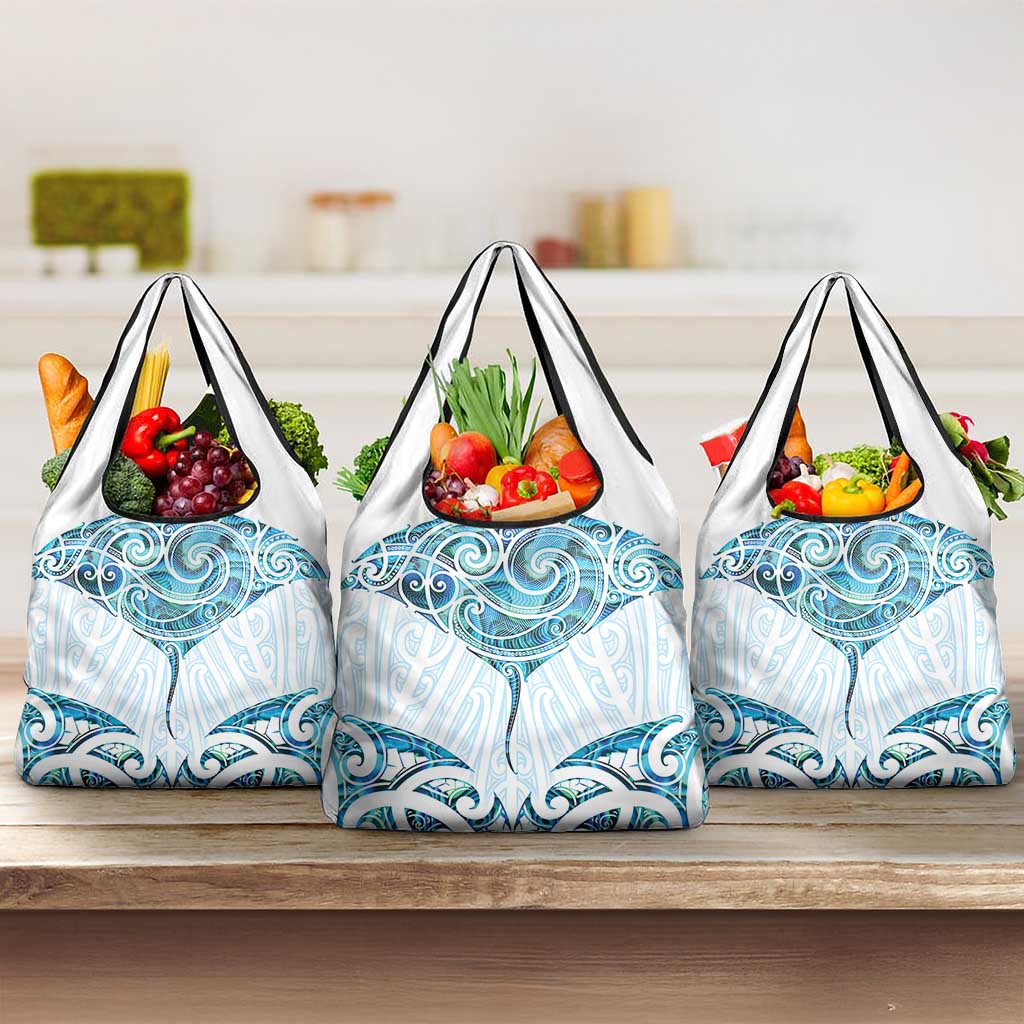 New Zealand Manta Ray Tattoo Grocery Bag Aotearoa Maori Haehae Paua Shell LT14 3-pack One Size White - Polynesian Pride