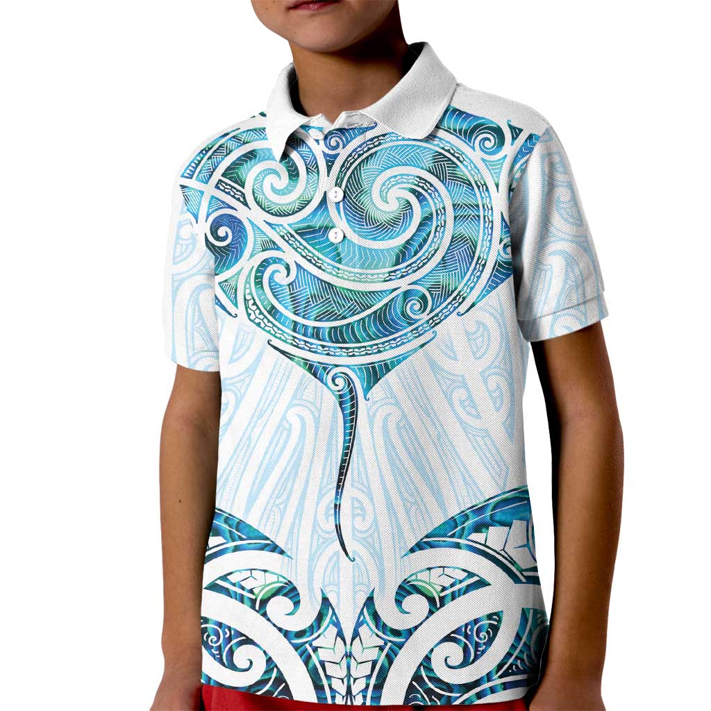 New Zealand Manta Ray Tattoo Kid Polo Shirt Aotearoa Maori Haehae Paua Shell - Polynesian Pride
