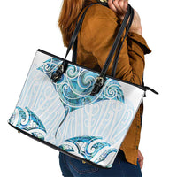New Zealand Manta Ray Tattoo Leather Tote Bag Aotearoa Maori Haehae Paua Shell - Polynesian Pride
