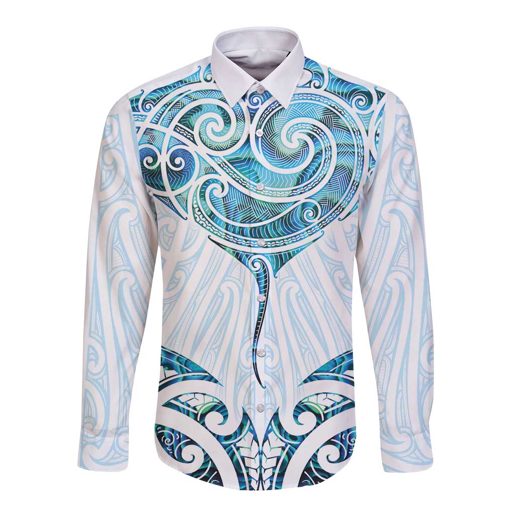 New Zealand Manta Ray Tattoo Long Sleeve Button Shirt Aotearoa Maori Haehae Paua Shell LT14 Unisex White - Polynesian Pride
