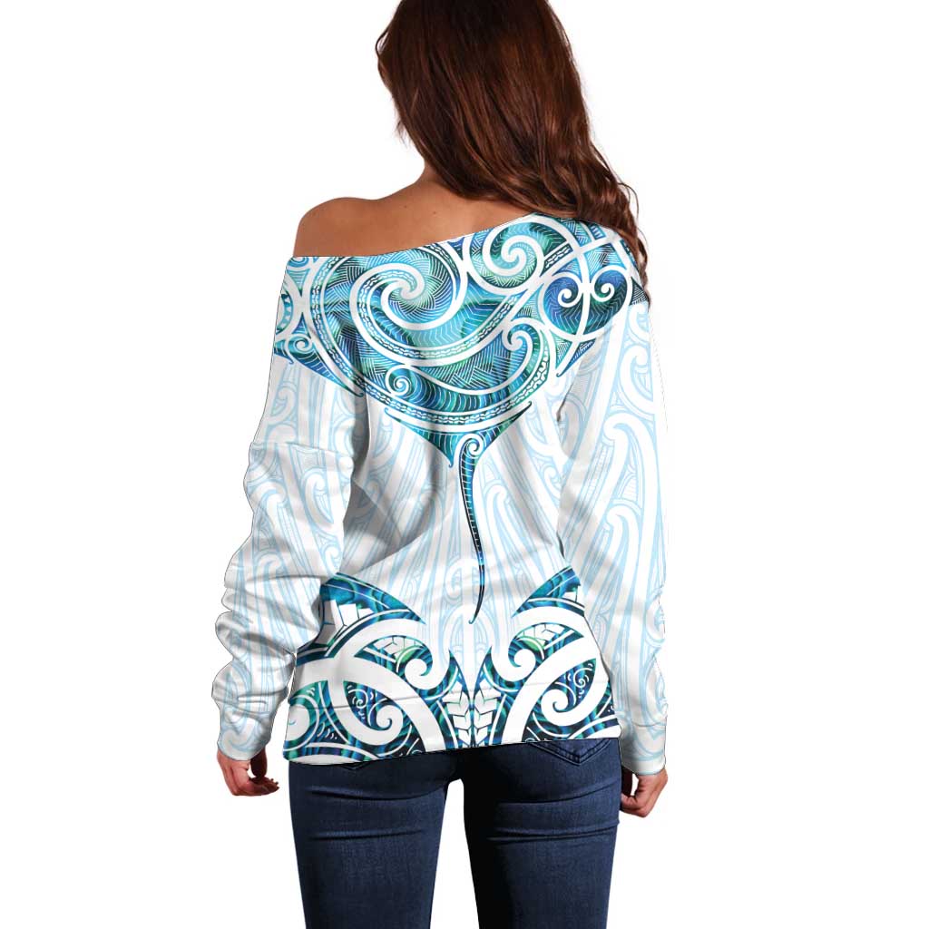 New Zealand Manta Ray Tattoo Off Shoulder Sweater Aotearoa Maori Haehae Paua Shell - Polynesian Pride