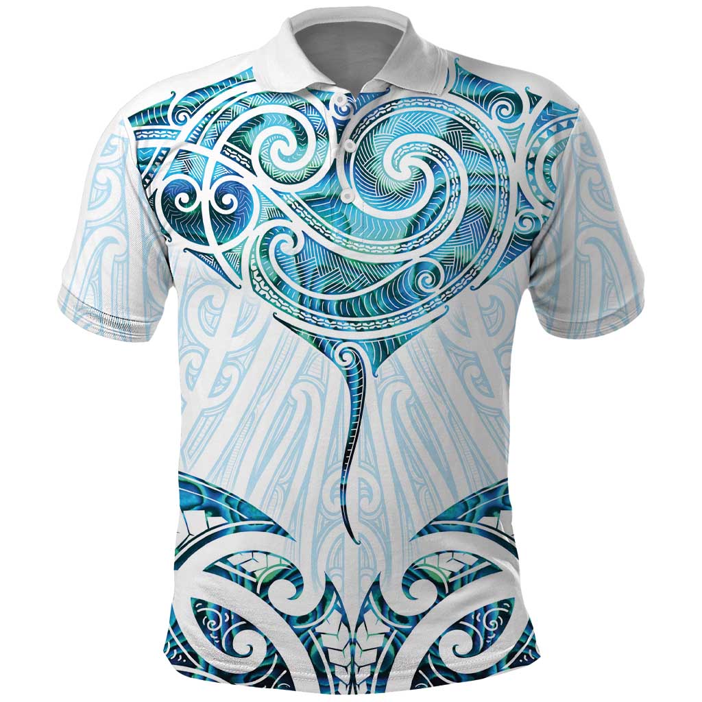 New Zealand Manta Ray Tattoo Polo Shirt Aotearoa Maori Haehae Paua Shell - Polynesian Pride