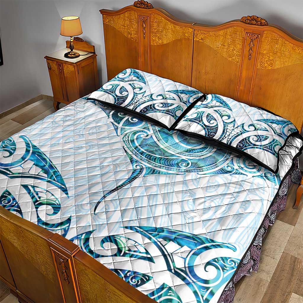 New Zealand Manta Ray Tattoo Quilt Bed Set Aotearoa Maori Haehae Paua Shell - Polynesian Pride