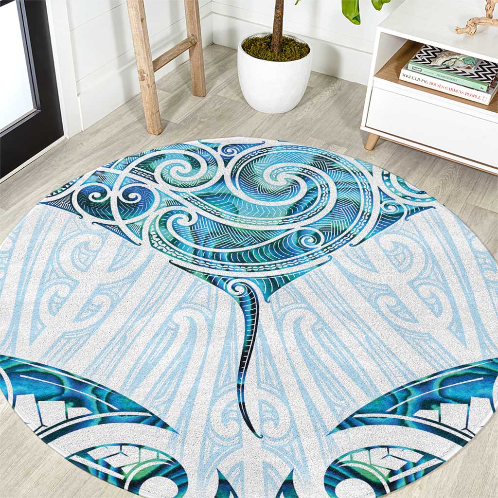 New Zealand Manta Ray Tattoo Round Carpet Aotearoa Maori Haehae Paua Shell - Polynesian Pride