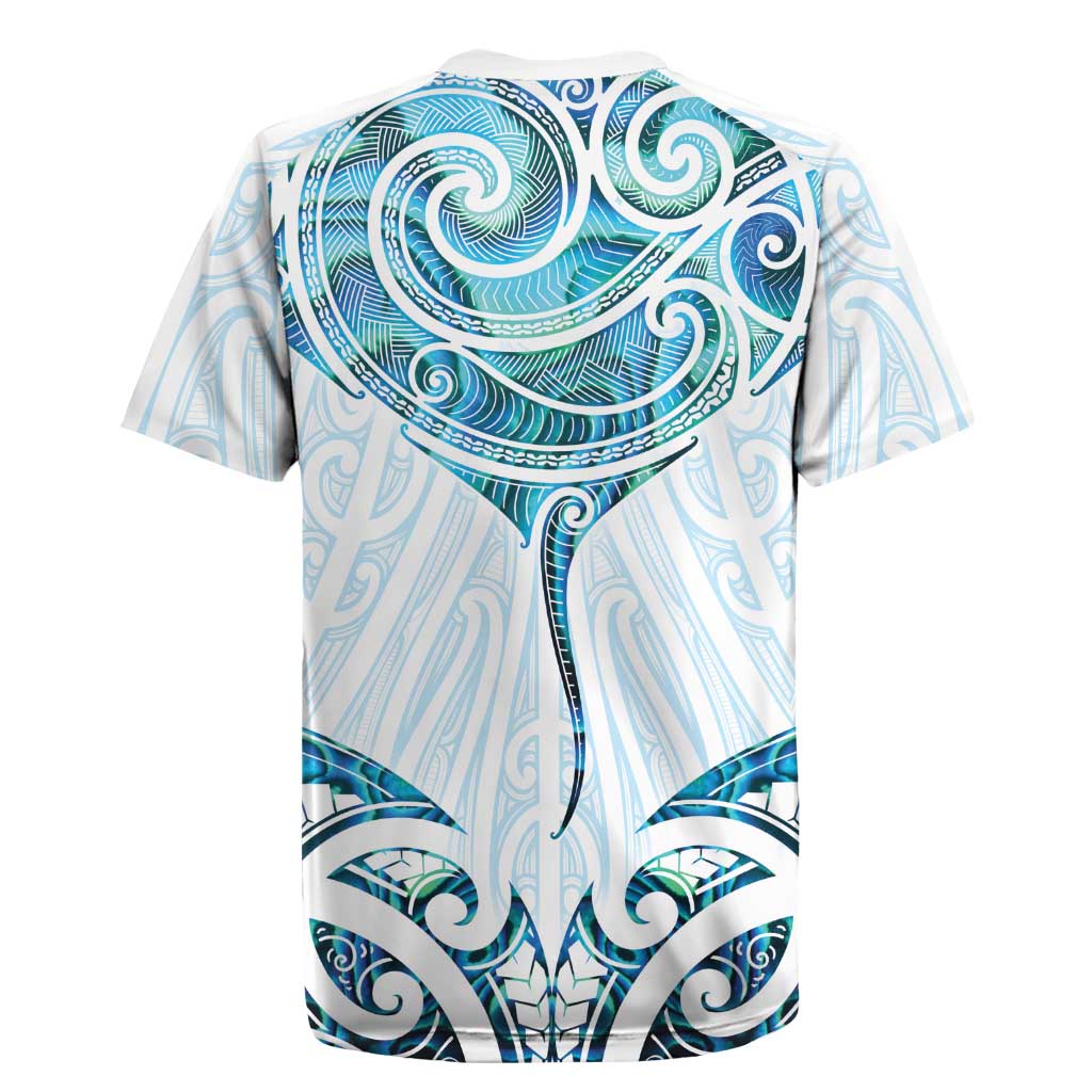 New Zealand Manta Ray Tattoo Rugby Jersey Aotearoa Maori Haehae Paua Shell - Polynesian Pride
