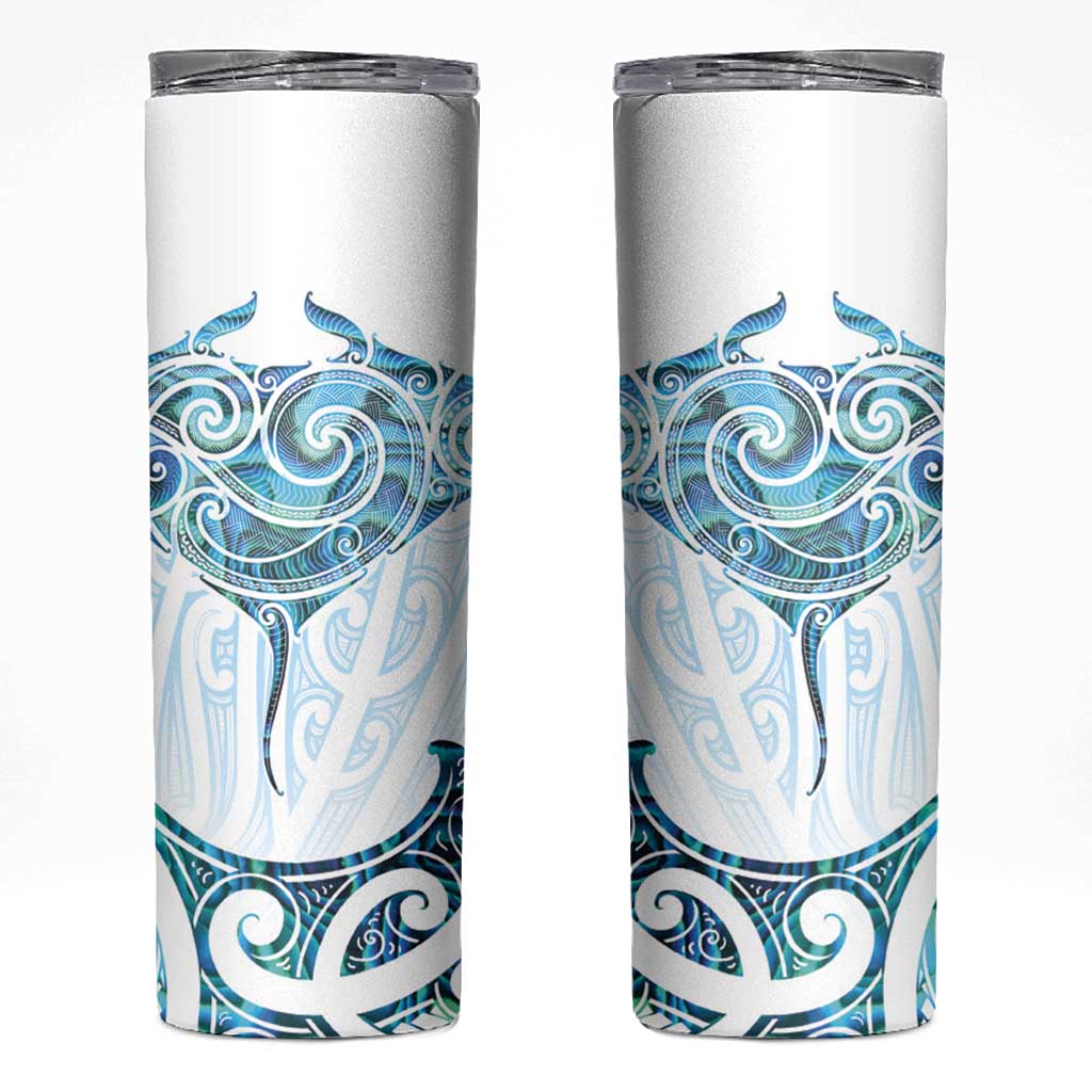 New Zealand Manta Ray Tattoo Skinny Tumbler Aotearoa Maori Haehae Paua Shell - Polynesian Pride