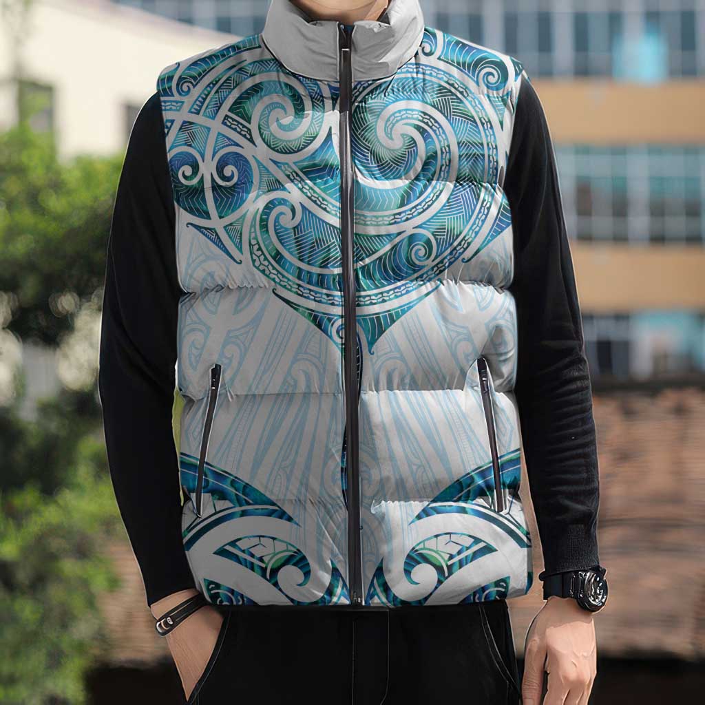 New Zealand Manta Ray Tattoo Sleeveless Puffer Jacket Aotearoa Maori Haehae Paua Shell - Polynesian Pride