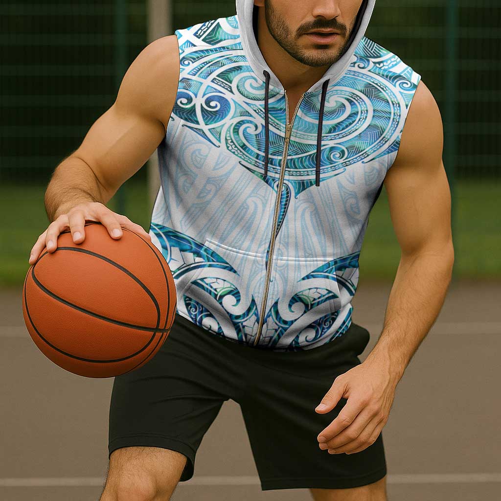 New Zealand Manta Ray Tattoo Sleeveless Zip Hoodie Aotearoa Maori Haehae Paua Shell - Polynesian Pride