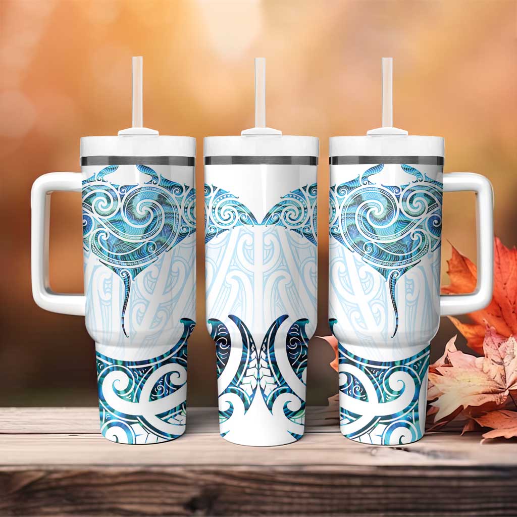 New Zealand Manta Ray Tattoo Tumbler With Handle Aotearoa Maori Haehae Paua Shell - Polynesian Pride